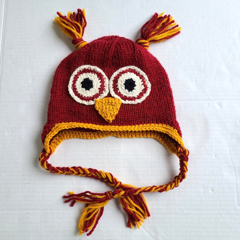 Kids Handmade Knit Crochet Owl Hat with earflaps Size 6-12 MONTHS